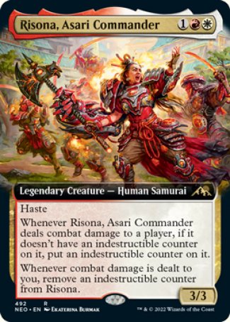 Risona, Asari Commander
Legendary Creature — Human Samurai
Haste
Whenever Risona deals combat damage to a player, if it doesn't have an indestructible counter on it, put an indestructible counter on it.
Whenever combat damage is dealt to you, remove an indestructible counter from Risona.
3/3