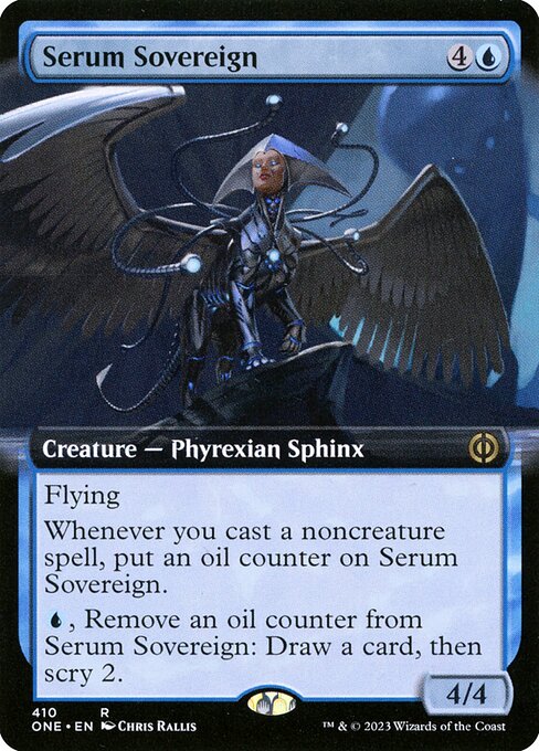 Serum Sovereign
Creature — Phyrexian Sphinx
Flying
Whenever you cast a noncreature spell, put an oil counter on this creature.
{U}, Remove an oil counter from this creature: Draw a card, then scry 2.
4/4