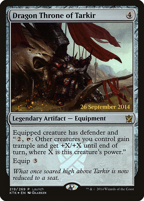 Dragon Throne of Tarkir
Legendary Artifact — Equipment
Equipped creature has defender and "{2}, {T}: Other creatures you control gain trample and get +X/+X until end of turn, where X is this creature's power."
Equip {3}