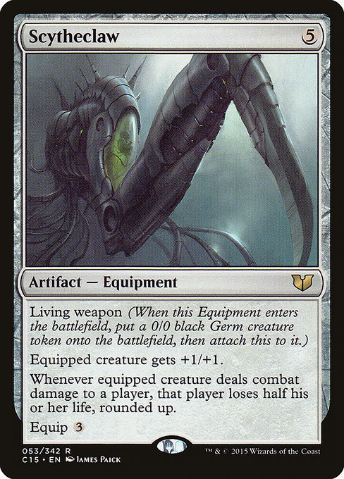 Scytheclaw
Artifact — Equipment
Living weapon (When this Equipment enters, create a 0/0 black Phyrexian Germ creature token, then attach this to it.)
Equipped creature gets +1/+1.
Whenever equipped creature deals combat damage to a player, that player loses half their life, rounded up.
Equip {3}