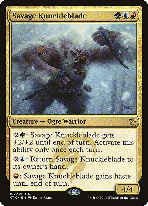 Savage Knuckleblade
Creature — Ogre Warrior
{2}{G}: This creature gets +2/+2 until end of turn. Activate only once each turn.
{2}{U}: Return this creature to its owner's hand.
{R}: This creature gains haste until end of turn.
4/4