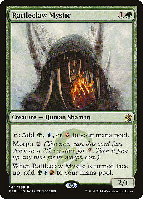 Rattleclaw Mystic
Creature — Human Shaman
{T}: Add {G}, {U}, or {R}.
Morph {2} (You may cast this card face down as a 2/2 creature for {3}. Turn it face up any time for its morph cost.)
When this creature is turned face up, add {G}{U}{R}.
2/1