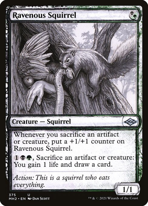 Ravenous Squirrel
Creature — Squirrel
Whenever you sacrifice an artifact or creature, put a +1/+1 counter on this creature.
{1}{B}{G}, Sacrifice an artifact or creature: You gain 1 life and draw a card.
1/1