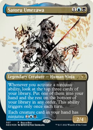 '-Satoru Umezawa
Legendary Creature â€” Human Ninja
Whenever you activate a ninjutsu ability, look at the top three cards of your library. Put one of them into your hand and the rest on the bottom of your library in any order. This ability triggers only once each turn.
Each creature card in your hand has ninjutsu %2%U%B.
2/4