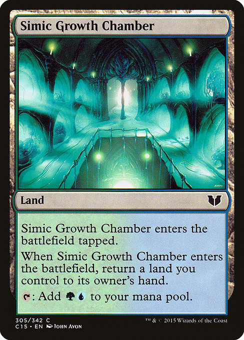 Simic Growth Chamber
Land
This land enters tapped.
When this land enters, return a land you control to its owner's hand.
{T}: Add {G}{U}.