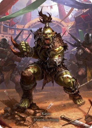 Kayo

You have 1 weapon zone.

Attack action cards you own get +1{p} while they are in any zone other than the combat chain.

The first time you discard a card with 6 or more {p} during each of your action phases, create a Might token.

Intellect:
4
Brute Hero - Young

Life:
20
