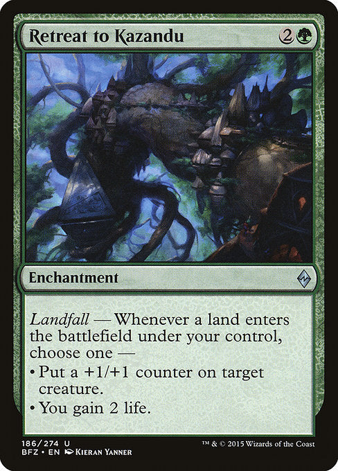 Retreat to Kazandu
Enchantment
Landfall — Whenever a land you control enters, choose one —
• Put a +1/+1 counter on target creature.
• You gain 2 life.