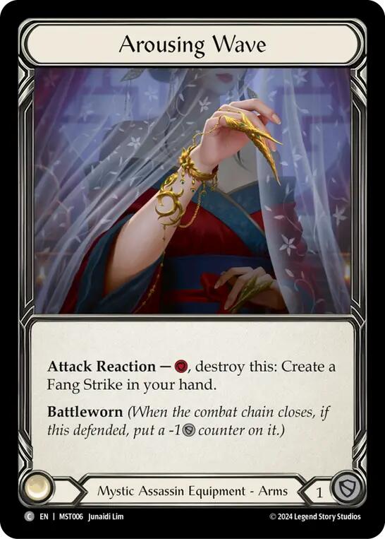 Arousing Wave

Attack Reaction — {r}, destroy this: Create a Fang Strike in your hand.

Battleworn

Mystic Assassin Equipment - Arms

Defense:
1
