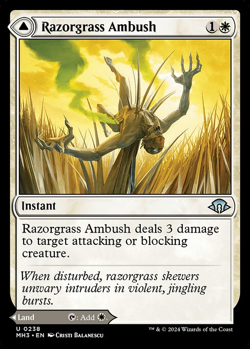 Razorgrass Ambush // Razorgrass Field
Instant // Land
Razorgrass Ambush deals 3 damage to target attacking or blocking creature.
As this land enters, you may pay 3 life. If you don't, it enters tapped.
{T}: Add {W}.