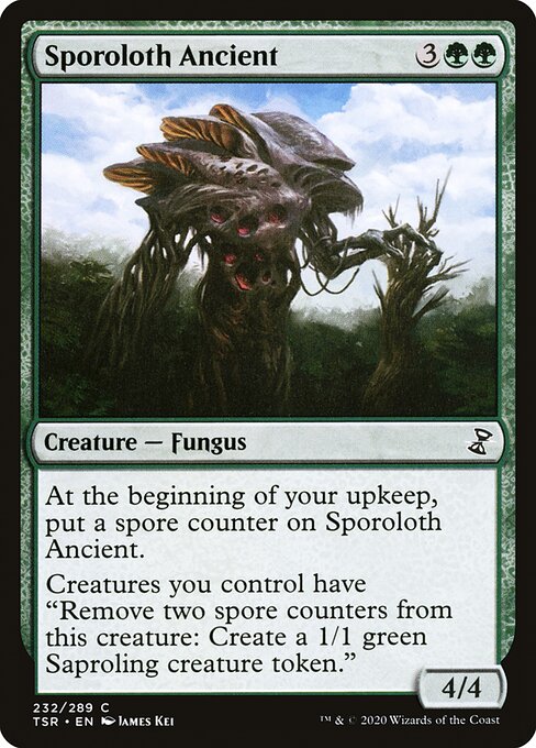 Sporoloth Ancient
Creature — Fungus
At the beginning of your upkeep, put a spore counter on this creature.
Creatures you control have "Remove two spore counters from this creature: Create a 1/1 green Saproling creature token."
4/4
