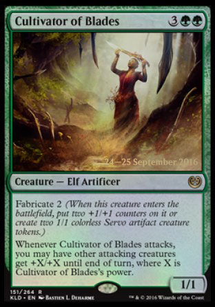 '-Cultivator of Blades
Creature â€” Elf Artificer
Fabricate 2
Whenever this creature attacks, you may have other attacking creatures get +X/+X until end of turn, where X is this creature's power.
1/1