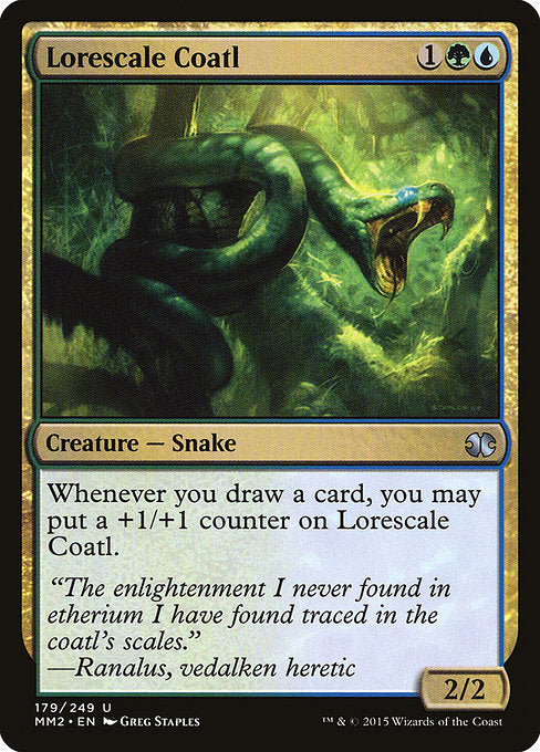 Lorescale Coatl
Creature — Snake
Whenever you draw a card, put a +1/+1 counter on this creature.
2/2