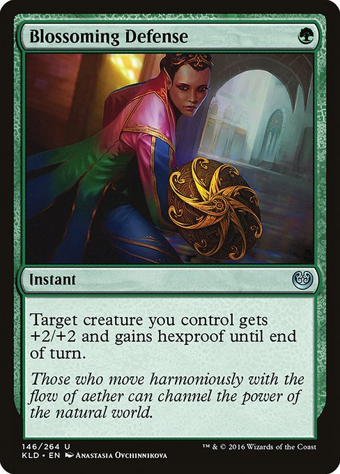 Blossoming Defense
Instant
Target creature you control gets +2/+2 and gains hexproof until end of turn. (It can't be the target of spells or abilities your opponents control.)