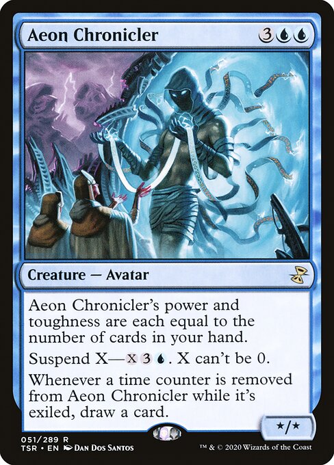 Aeon Chronicler
Creature — Avatar
Aeon Chronicler's power and toughness are each equal to the number of cards in your hand.
Suspend X—{X}{3}{U}. X can't be 0.
Whenever a time counter is removed from this card while it's exiled, draw a card.
*/*