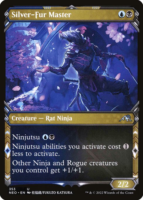 Silver-Fur Master
Creature — Rat Ninja
Ninjutsu {U}{B} ({U}{B}, Return an unblocked attacker you control to hand: Put this card onto the battlefield from your hand tapped and attacking.)
Ninjutsu abilities you activate cost {1} less to activate.
Other Ninja and Rogue creatures you control get +1/+1.
2/2