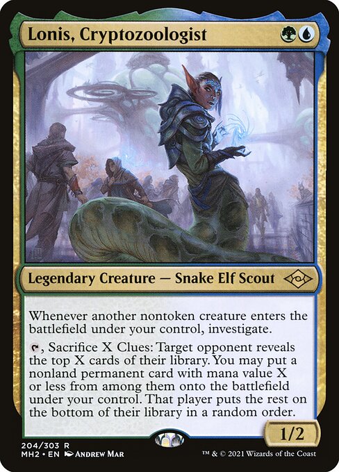 Lonis, Cryptozoologist
Legendary Creature — Snake Elf Scout
Whenever another nontoken creature you control enters, investigate.
{T}, Sacrifice X Clues: Target opponent reveals the top X cards of their library. You may put a nonland permanent card with mana value X or less from among them onto the battlefield under your control. That player puts the rest on the bottom of their library in a random order.
1/2