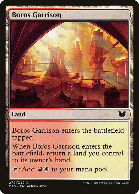 Boros Garrison
Land
This land enters tapped.
When this land enters, return a land you control to its owner's hand.
{T}: Add {R}{W}.