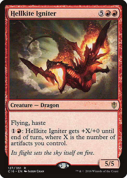 Hellkite Igniter
Creature — Dragon
Flying, haste
{1}{R}: This creature gets +X/+0 until end of turn, where X is the number of artifacts you control.
5/5