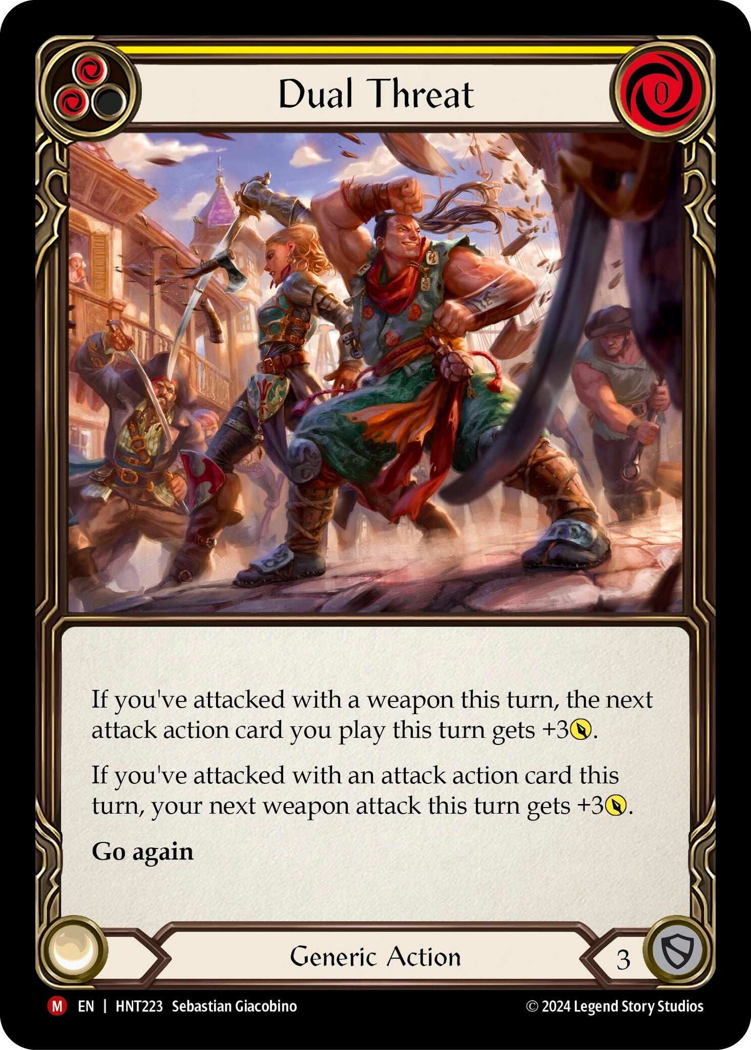 Pitch:
2
Dual Threat

Cost:
0

If you've attacked with a weapon this turn, the next attack action card you play this turn gets +3{p}.

If you've attacked with an attack action card this turn, your next weapon attack this turn gets +3{p}.

Go again

Generic Action

Defense:
3
