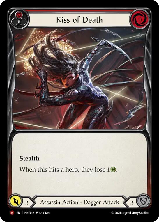 Pitch:
1
Kiss of Death

Cost:
0

Stealth

When this hits a hero, they lose 1{h}.

Power:
3
Assassin Action - Dagger Attack

Defense:
3
