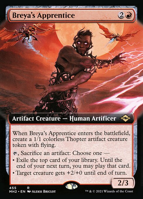 Breya's Apprentice
Artifact Creature — Human Artificer
When this creature enters, create a 1/1 colorless Thopter artifact creature token with flying.
{T}, Sacrifice an artifact: Choose one —
• Exile the top card of your library. Until the end of your next turn, you may play that card.
• Target creature gets +2/+0 until end of turn.
2/3