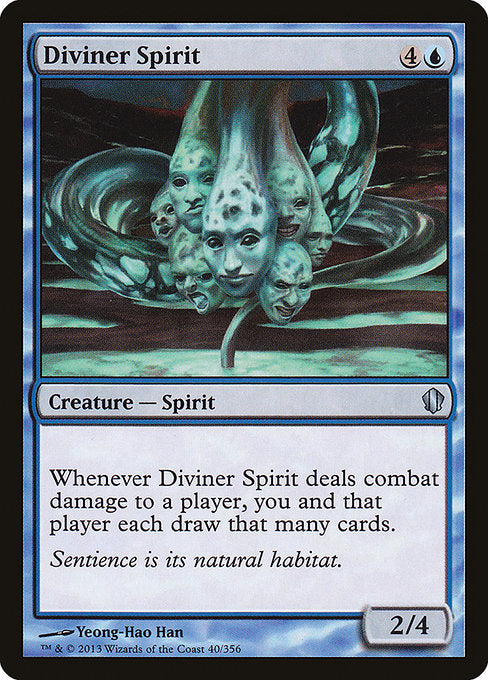 Diviner Spirit
Creature — Spirit
Whenever this creature deals combat damage to a player, you and that player each draw that many cards.
2/4