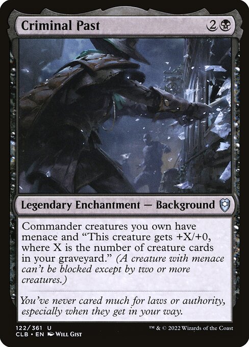 Criminal Past
Legendary Enchantment — Background
Commander creatures you own have menace and "This creature gets +X/+0, where X is the number of creature cards in your graveyard." (A creature with menace can't be blocked except by two or more creatures.)
