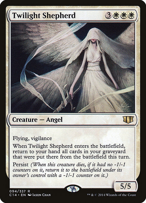 Twilight Shepherd
Creature — Angel
Flying, vigilance
When this creature enters, return to your hand all cards in your graveyard that were put there from the battlefield this turn.
Persist (When this creature dies, if it had no -1/-1 counters on it, return it to the battlefield under its owner's control with a -1/-1 counter on it.)
5/5