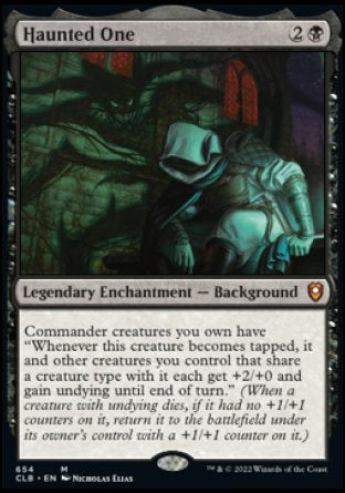 '-Haunted One
Legendary Enchantment â€” Background
Commander creatures you own have "Whenever this creature becomes tapped, it and other creatures you control that share a creature type with it each get +2/+0 and gain undying until end of turn."