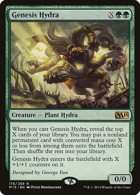 Genesis Hydra
Creature — Plant Hydra
When you cast this spell, reveal the top X cards of your library. You may put a nonland permanent card with mana value X or less from among them onto the battlefield. Then shuffle the rest into your library.
This creature enters with X +1/+1 counters on it.
0/0