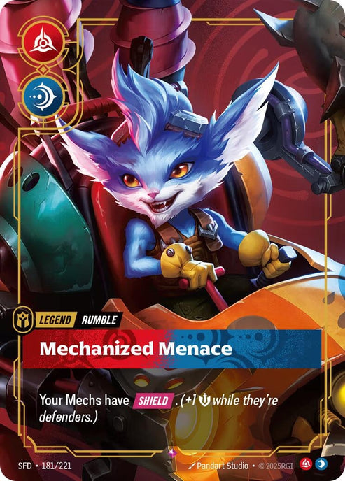 Rumble - Mechanized Menace (181/221)
Regular price$0.25 CAD
Pay over time for orders over $35.00 with 
Learn more

27 in stock

Rarity:	Rare
Number:	181/221
Description:	Your Mechs have [SHIELD]. +1 Might while they're defenders.)
Energy Cost:	0
Power Cost:	0
Might:	0
Card Type:	Legend
Tag:	Rumble
Domain:	Fury;Mind
Set:	Spiritforged