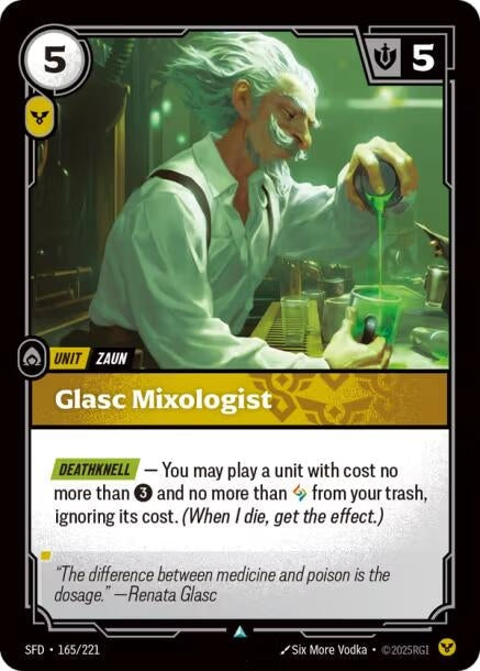 Glasc Mixologist (165/221)
Rarity:	Uncommon
Number:	165/221
Description:	[DEATHKNELL] — You may play a unit with cost no more than 3 and no more than from your trash, ignoring its cost. (When I die, get the effect.)
Energy Cost:	5
Power Cost:	1
Might:	5
Card Type:	Unit
Tag:	Zaun
Domain:	Order
Flavor Text:	"The difference between medicine and poison is the dosage."—Renata Glasc
Set:	Spiritforged