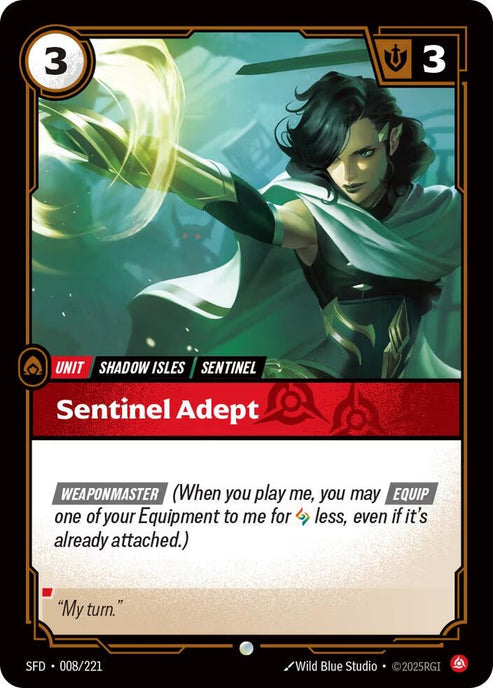 Sentinel Adept (008/221)
Rarity:	Common
Number:	008/221
Description:	[WEAPONMASTER] (When you play me, you may [Equip] one of your Equipment to me for 1 Rune less, even if it's already attached.)
Energy Cost:	3
Might:	3
Card Type:	Unit
Tag:	Shadow Isles;Sentinel
Domain:	Fury
Flavor Text:	"My turn."
Set:	Spiritforged