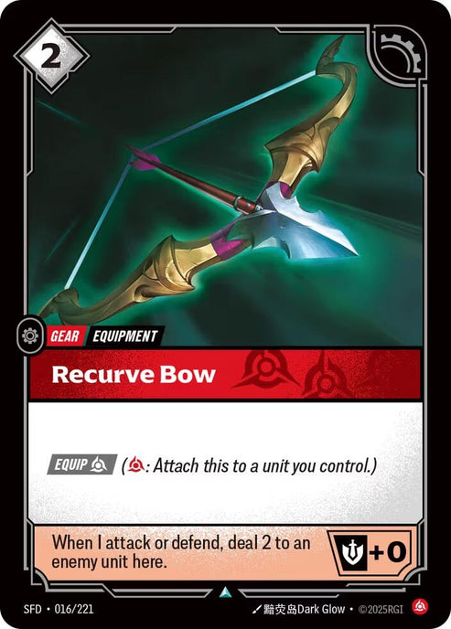 Recurve Bow (016/221)
Rarity:	Uncommon
Number:	016/221
Description:	[EQUIP Fury] (Fury: Attach this to a unit you control.)
When I attack or defend, deal 2 to an enemy unit here.
Might +0
Energy Cost:	2
Card Type:	Gear
Tag:	Equipment
Domain:	Fury
Set:	Spiritforged