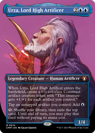 '-Urza, Lord High Artificer
Legendary Creature â€” Human Artificer
When Urza enters, create a 0/0 colorless Construct artifact creature token with "This token gets +1/+1 for each artifact you control."
Tap an untapped artifact you control: Add %U.
%5: Shuffle your library, then exile the top card. Until end of turn, you may play that card without paying its mana cost.
1/4