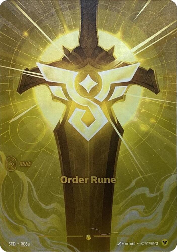Order Rune (Alternate Art) - Spiritforged (SFD)Product Details
Rarity:Showcase
Number:R06a
Energy Cost:0
Power Cost:0
Might:0
Card Type:Rune
Domain:Order