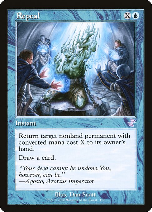 Repeal
Instant
Return target nonland permanent with mana value X to its owner's hand.
Draw a card.