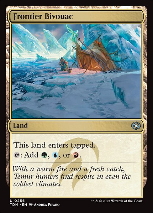 Frontier Bivouac
Land
This land enters tapped.
{T}: Add {G}, {U}, or {R}.