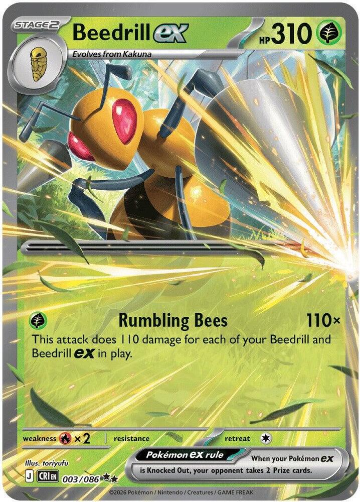 "Beedrill ex
Product Details
Card Number / Rarity:003/086 / Double Rare
Card Type / HP / Stage:Grass / 310 / Stage 2
Attack 1:[G] Rumbling Bees (110x)
This attack does 110 damage for each of your Beedrill and Beedrill ex in play.
Weakness / Resistance / Retreat Cost:Rx2 / / 1"
