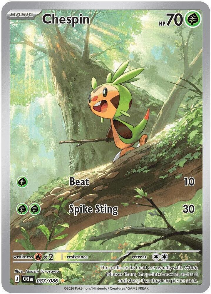 "Chespin 
Product Details
Card Number / Rarity:087/086 / Illustration Rare
Card Type / HP / Stage:Grass / 70 / Basic
Attack 1:[G] Beat (10)
Attack 2:[GG] Spike Sting (30)
Weakness / Resistance / Retreat Cost:Rx2 / / 2"
