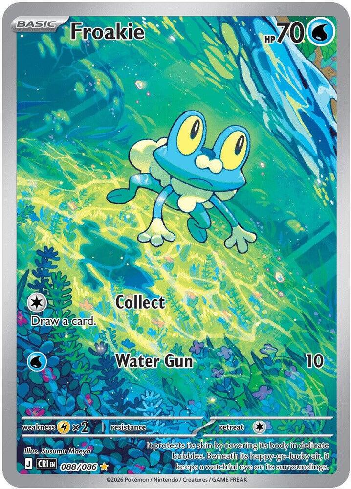 "Froakie 
Product Details
Card Number / Rarity:088/086 / Illustration Rare
Card Type / HP / Stage:Water / 70 / Basic
Attack 1:[C] Collect
Draw a card.
Attack 2:[W] Water Gun (10)
Weakness / Resistance / Retreat Cost:Lx2 / / 1"

