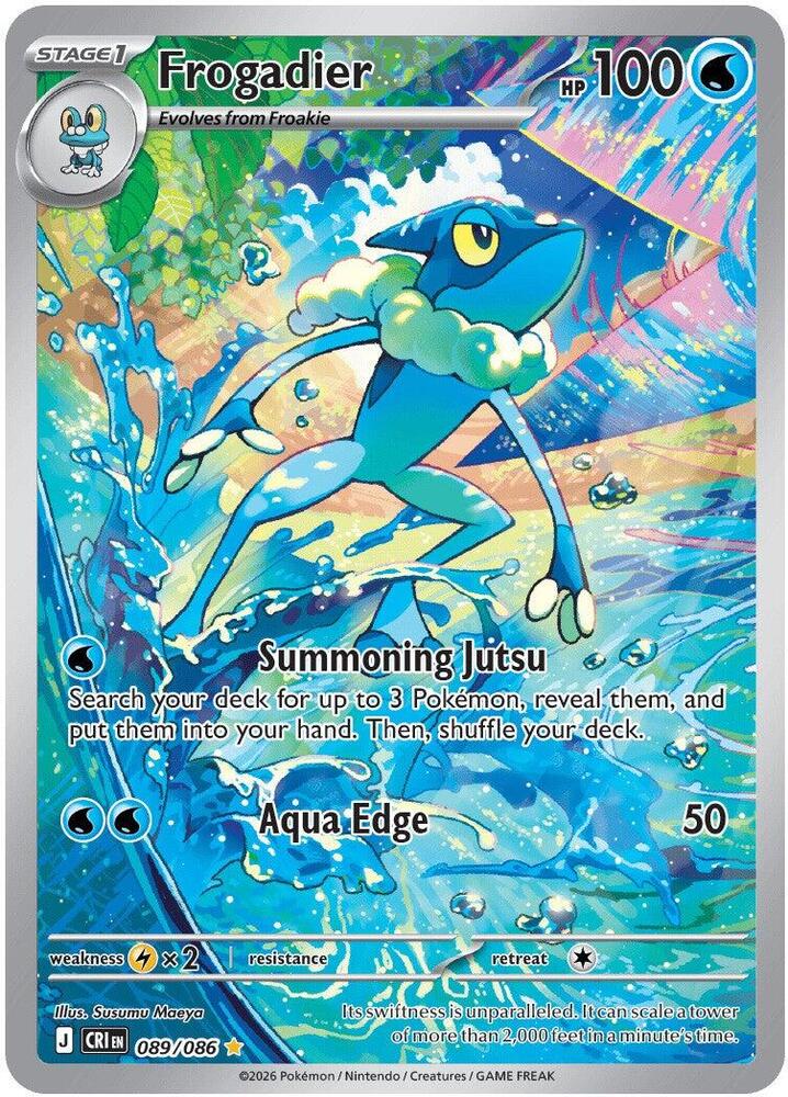 "Frogadier 
Product Details
Card Number / Rarity:089/086 / Illustration Rare
Card Type / HP / Stage:Water / 100 / Stage 1
Attack 1:[W] Summoning Jutsu
Search your deck for up to 3 Pokémon, reveal them, and put them into your hand. Then, shuffle your deck.
Attack 2:[WW] Aqua Edge (50)
Weakness / Resistance / Retreat Cost:Lx2 / / 1"

