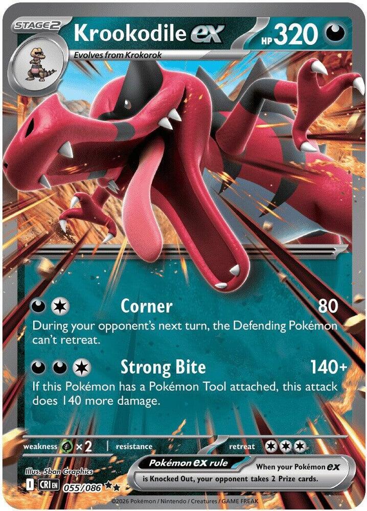 Krookodile ex
Product Details
Card Number / Rarity:055/086 / Double Rare
Card Type / HP / Stage:Darkness / 320 / Stage 2
Attack 1:[DC] Corner (80)
During your opponent's next turn, the Defending Pokémon can't retreat.
Attack 2:[DDC] Strong Bite (140+)
If this Pokémon has a Pokémon Tool attached, this attack does 140 more damage.
Weakness / Resistance / Retreat Cost:Gx2 / / 3
