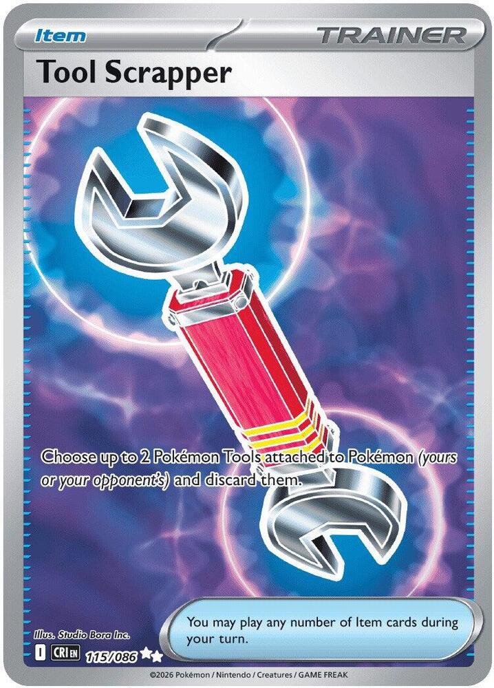 "Tool Scrapper
Product Details
Card Number / Rarity:115/086 / Ultra Rare
Card Type / HP / Stage:Trainer - Item / /
Card Text:Choose up to 2 Pokémon Tools attached to Pokémon (yours or your opponent's) and discard them."
