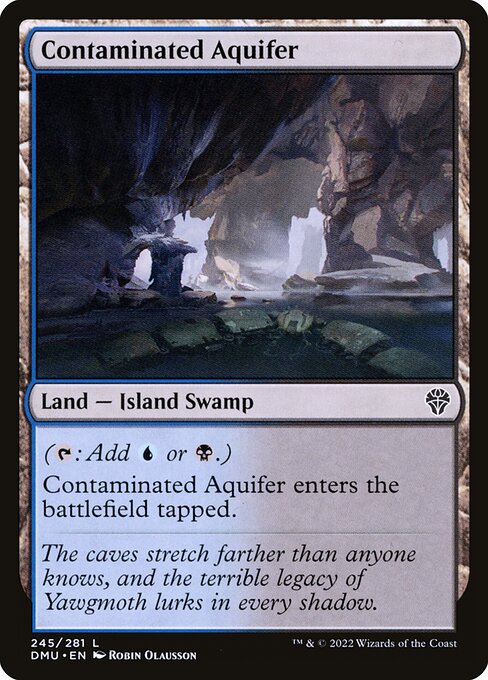 Contaminated Aquifer
Land — Island Swamp
({T}: Add {U} or {B}.)
This land enters tapped.
