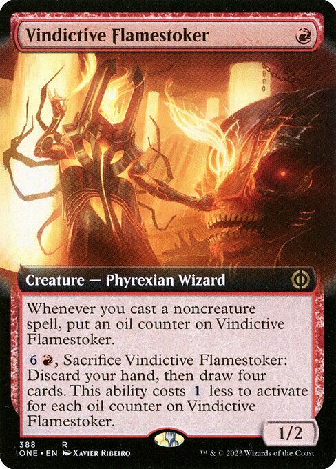 Vindictive Flamestoker
Creature — Phyrexian Wizard
Whenever you cast a noncreature spell, put an oil counter on this creature.
{6}{R}, Sacrifice this creature: Discard your hand, then draw four cards. This ability costs {1} less to activate for each oil counter on this creature.
1/2