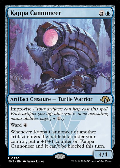 Kappa Cannoneer
Artifact Creature — Turtle Warrior
Improvise (Your artifacts can help cast this spell. Each artifact you tap after you're done activating mana abilities pays for {1}.)
Ward {4}
Whenever this creature or another artifact you control enters, put a +1/+1 counter on this creature. It can't be blocked this turn.
4/4