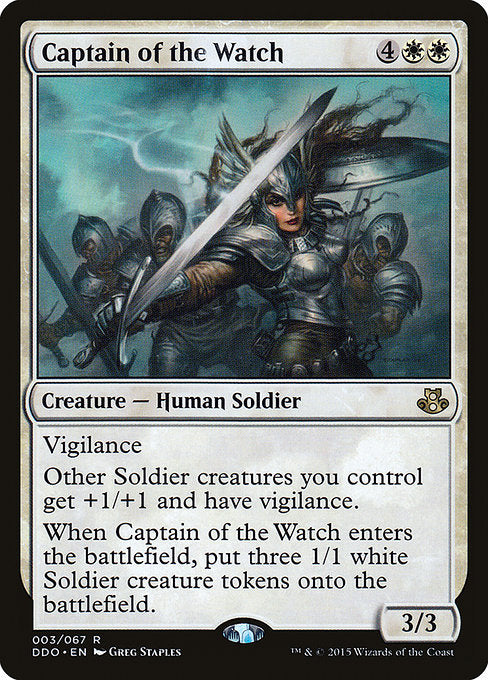 Captain of the Watch
Creature — Human Soldier
Vigilance (Attacking doesn't cause this creature to tap.)
Other Soldier creatures you control get +1/+1 and have vigilance.
When this creature enters, create three 1/1 white Soldier creature tokens.
3/3