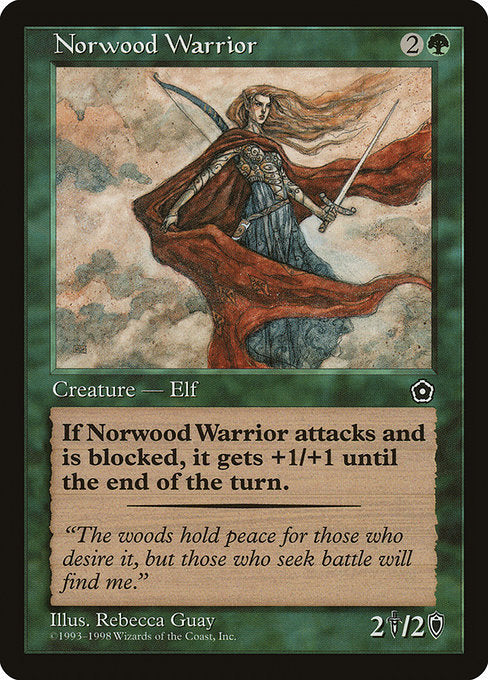Norwood Warrior
Creature — Elf Warrior
Whenever this creature becomes blocked, it gets +1/+1 until end of turn.
2/2