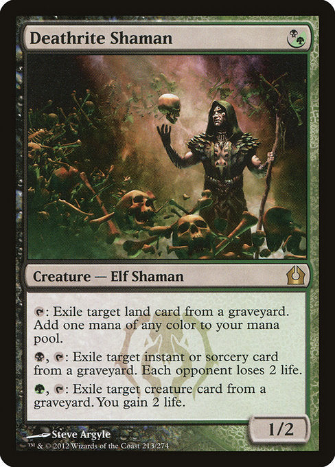 Deathrite Shaman
Creature — Elf Shaman
{T}: Exile target land card from a graveyard. Add one mana of any color.
{B}, {T}: Exile target instant or sorcery card from a graveyard. Each opponent loses 2 life.
{G}, {T}: Exile target creature card from a graveyard. You gain 2 life.
1/2